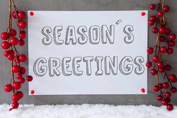 Label, sneeuw, Kerstdecoratie, tekst Seasons Greetings — Stockfoto