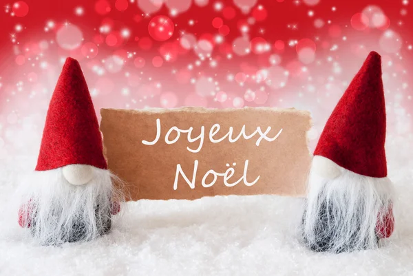 Kart ile Kırmızı Christmassy Gnomes, Joyeux Noel Neşeli Noel ler anlamına gelir