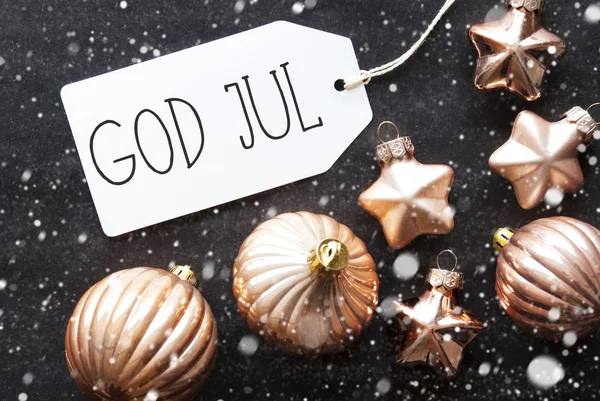 Palle di bronzo, Fiocchi di neve, Dio Jul significa Buon Natale — Foto Stock