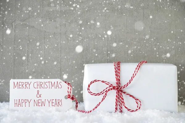 Regalo, Fondo de cemento con copos de nieve, Navidad y Año Nuevo — Foto de Stock