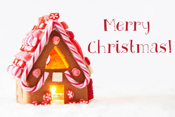 Χριστουγεννιάτικο σπίτι, λευκό φόντο, κείμενο καλά Χριστούγεννα — Φωτογραφία Αρχείου