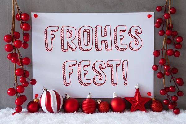 Étiquette, neige, boules, Frohes Fest signifie Joyeux Noël — Photo