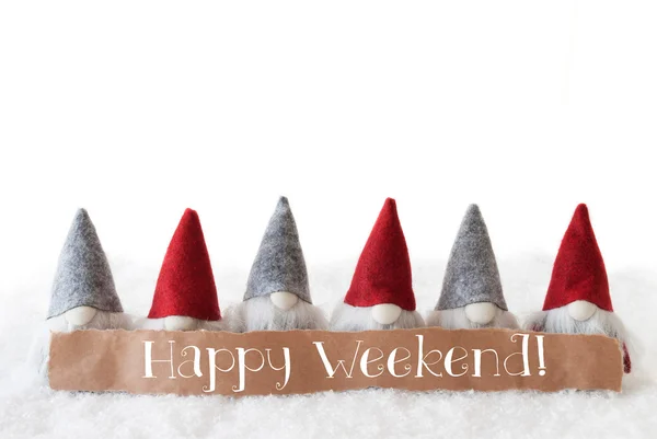 Gnomi, sfondo bianco, testo Happy Weekend — Foto Stock