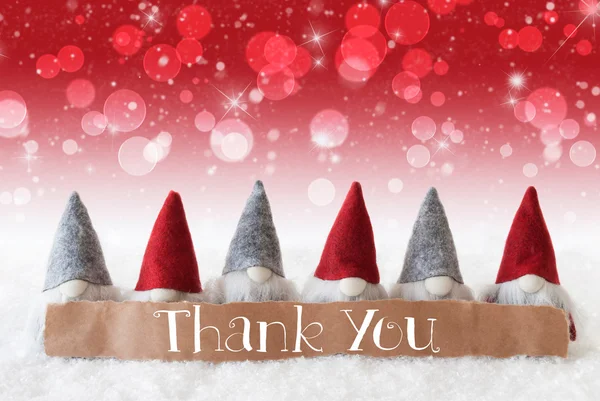 Gnomes, Red Background, Bokeh, Stars, Text Thank You — Stock Photo, Image