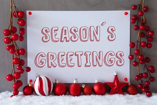 ラベル、雪、クリスマスボール、テキストシーズンの挨拶 — ストック写真