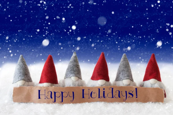 Gnome, blauer Hintergrund, Schneeflocken, Text frohe Feiertage — Stockfoto