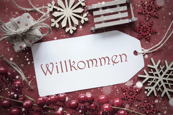 Decorazione di Natale nostalgica, Etichetta con Willkommen significa benvenuto — Foto Stock