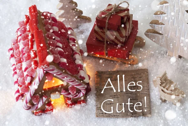 Lebkuchenhaus, Schlitten, Schneeflocken, alles Gute — Stockfoto