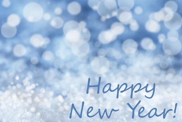Blue Bokeh Christmas Background, Snow, Text Happy New Year — Stockfoto