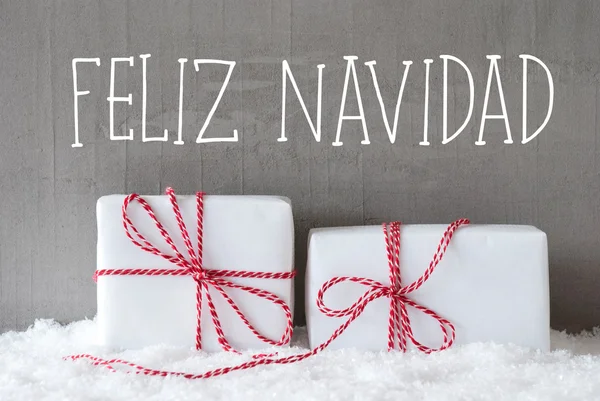 Deux cadeaux avec neige, Feliz Navidad signifie Joyeux Noël — Photo