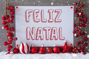 Etiket, kar taneleri, topları, Feliz Natal mutlu Noeller demek.