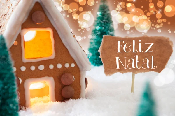 Gingerbread House, Bronze Background, Feliz Natal Means Merry Christmas — Stock fotografie