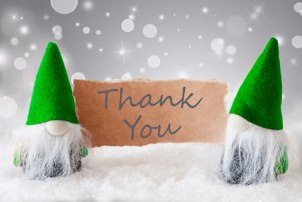 Green Gnomes With Card And Snow, Text Thank You — Stock Photo, Image