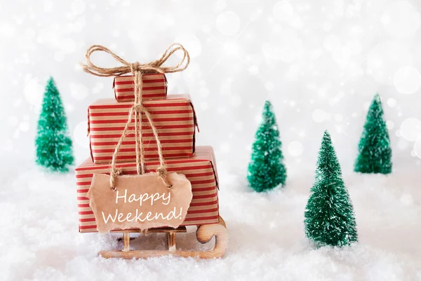 Christmas Sleigh On Snow, Happy Weekend — Stockfoto