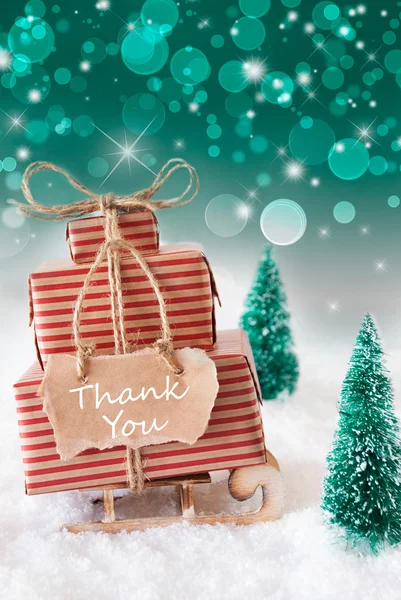 Vertikaler Weihnachtsschlitten auf grünem Hintergrund, Text Danke — Stockfoto