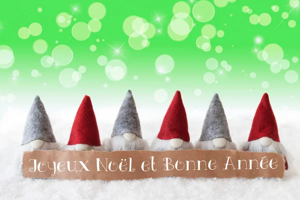 Gnomes, Green Background, Bokeh, Stars, Joyeux Noel Means Merry Christmas — Stock Photo, Image