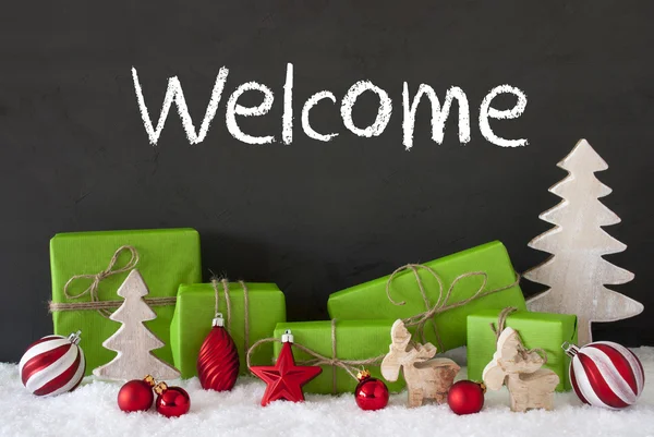 Navidad Decoración, Cemento, Nieve, Texto Bienvenido — Foto de Stock