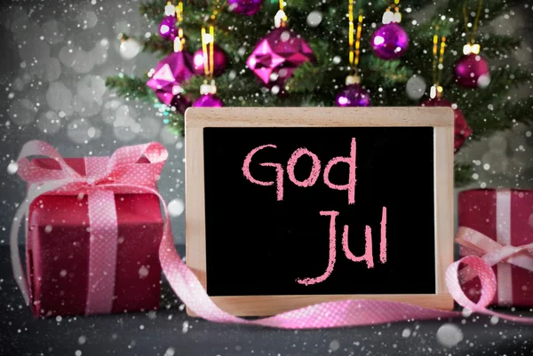 Et tre med gaver, snøfnugg, Bokeh, God Jul betyr god jul – stockfoto