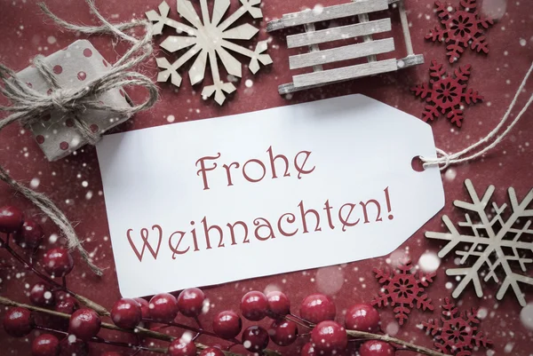 Nostaljik dekorasyon, Frohe Weihnachten etiketle mutlu Noeller anlamına gelir. — Stok fotoğraf