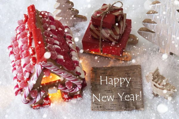 Gingerbread House, Sled, Snowflakes, Text Happy New Year — ストック写真