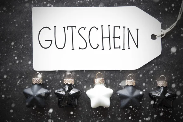 Black Christmas Balls, Snowflakes, Gutschein Means Voucher — Stock fotografie