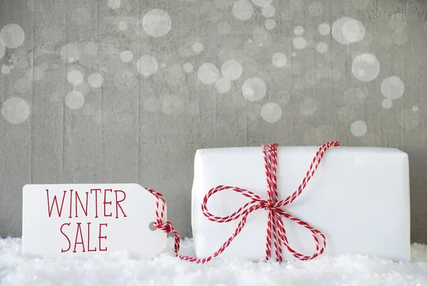 Gift, Cement Background With Bokeh, Text Winter Sale — Stockfoto