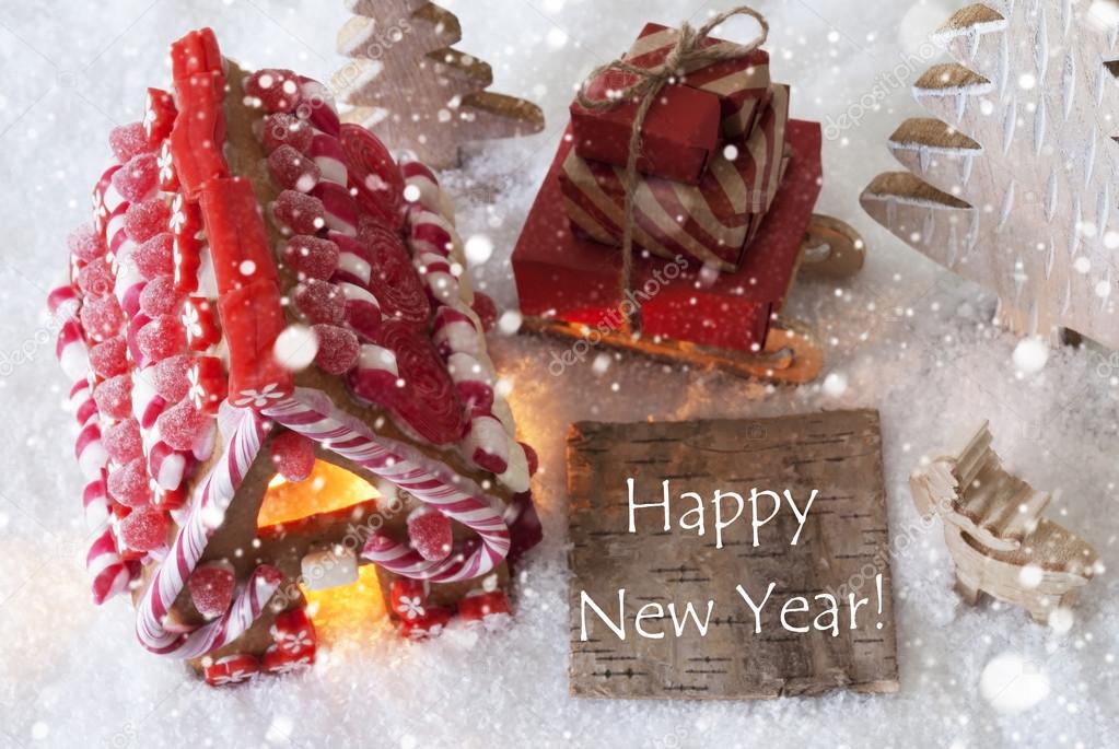 Gingerbread House, Sled, Snowflakes, Text Happy New Year