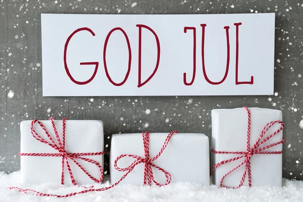 Regalo bianco con fiocchi di neve, Dio Jul significa Buon Natale — Foto Stock