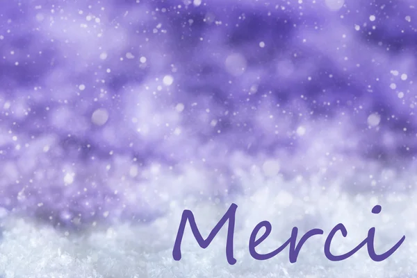 Purple Christmas Background, Snow, Snowflakes, Merci Means Thank You — Stock Photo, Image