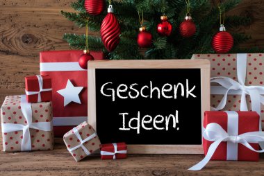 Renkli Noel ağacı, Geschenk Ideen hediye fikirleri anlamına gelir.