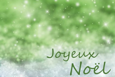 Yeşil parlak arka plan, kar, Joyeux Noel mutlu Noeller anlamına gelir.