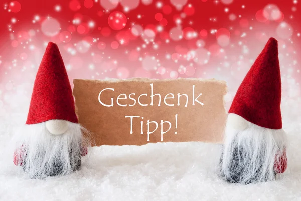 Gnomes rouges de Noël avec carte, Geschenk Tipp signifie conseil cadeau — Photo