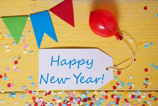 Etiqueta do partido, Confetti, Balão, Texto Feliz Ano Novo — Fotografia de Stock