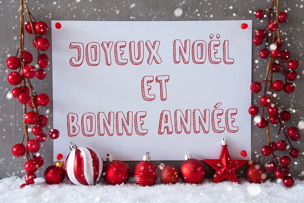 Label, sněhové vločky, vánoční koule, Bonne Annee znamená nový rok — Stock fotografie