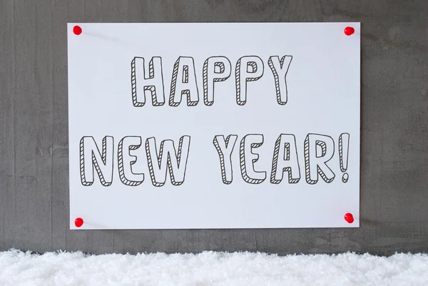 Etichetta su parete di cemento, Neve, Testo felice anno nuovo — Foto Stock