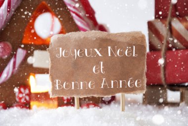 Gingerbread House kızak, kar taneleri, Bonne Annee ile yeni yıl anlamına gelir.