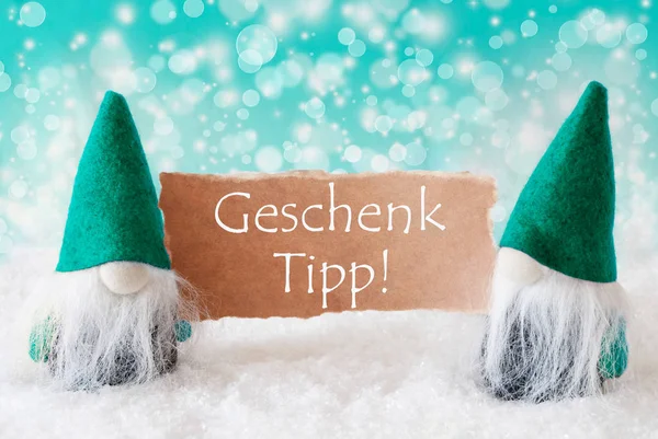 Turqoise Gnomes Avec Carte, Geschenk Tipp signifie Conseil Cadeau — Photo