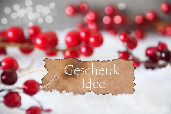 Label, sneeuw, Bokeh verbrand, tekst Geschenk Idee betekent cadeau idee — Stockfoto