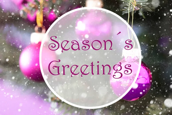 Rozenkwarts kerstballen, tekst Seasons Greetings — Stockfoto