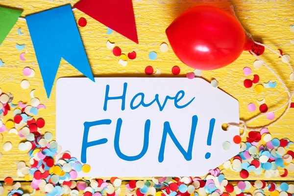 Party-Etikett, roter Luftballon, Text viel Spaß — Stockfoto