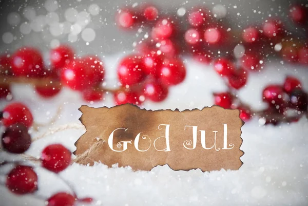 Étiquette brûlée, Neige, Flocons de neige, Dieu Jul signifie Joyeux Noël — Photo