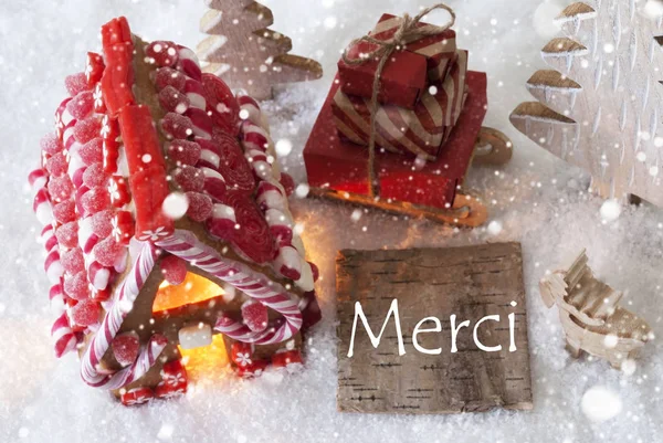 Gingerbread House, Sled, Snowflakes, Merci Means Thank You — Stock Photo, Image