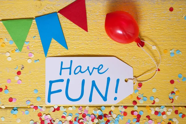 Party-Etikett, Konfetti, Luftballon, Text viel Spaß — Stockfoto