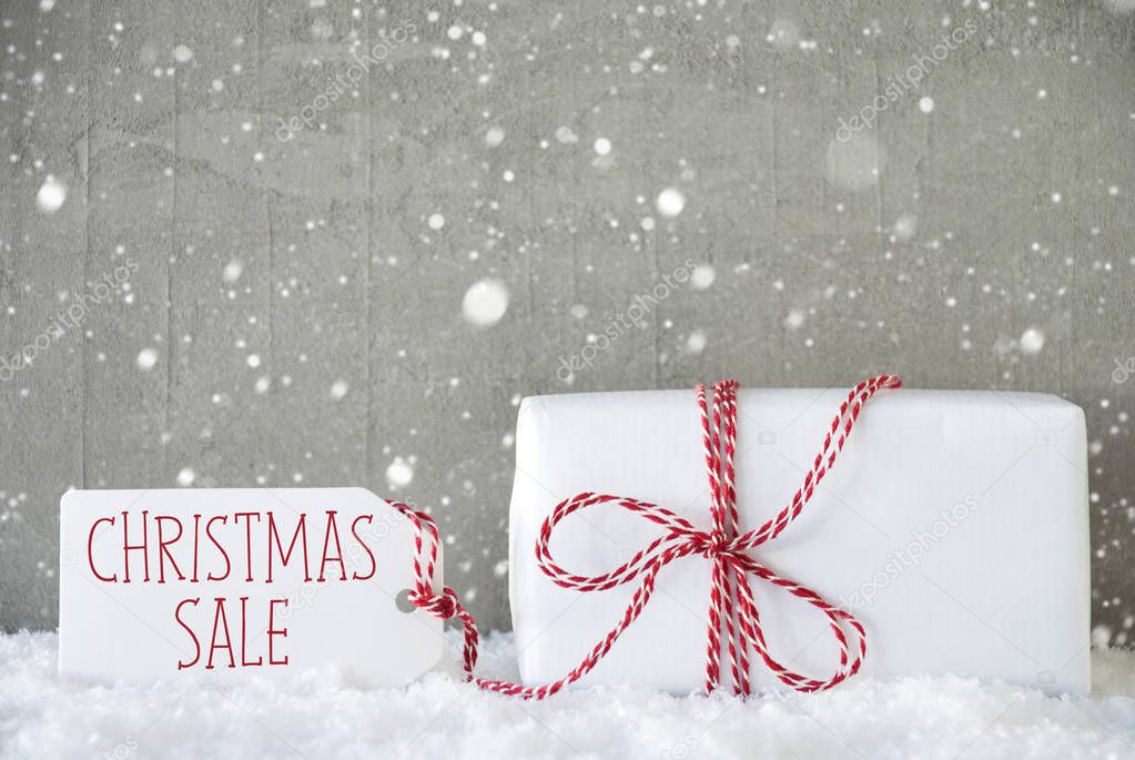 Gift, Cement Background With Snowflakes, Text Christmas Sale