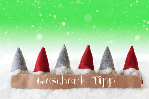 Tomtar, grön bakgrund, snöflingor, Geschenk Tipp innebär present tips — Stockfoto