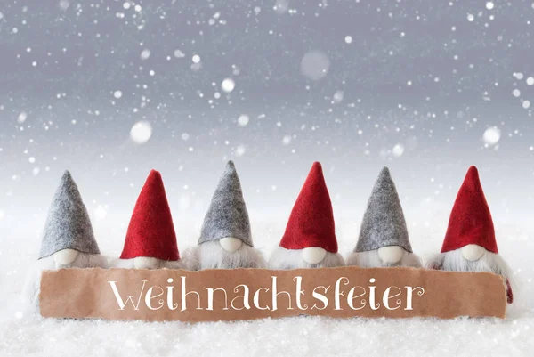 Gnomes, Silver Background, Snowflakes, Weihnachtsfeier Means Christmas Party — Stock Photo, Image