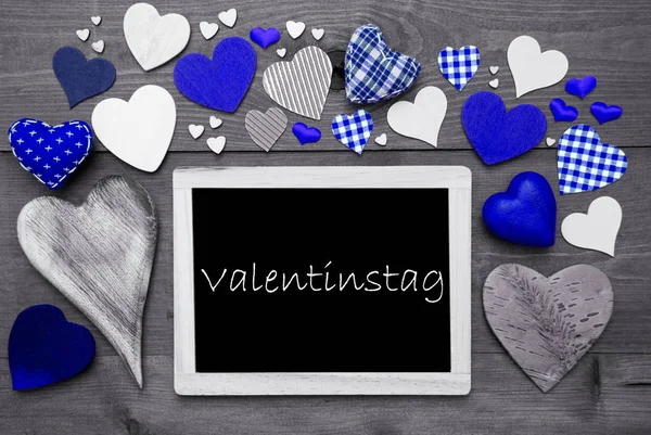 Chalkbord With Many Blue Hearts, Valentinstag Mean Valentines Day — Stock Photo, Image