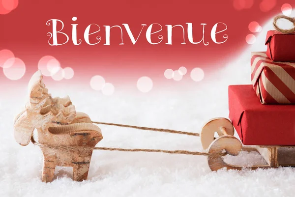 Reindeer With Sled, Red Background, Bienvenue Means Welcome — Stock Photo, Image