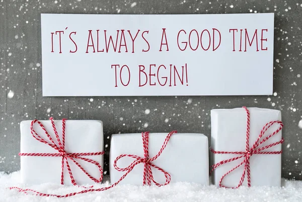 White Gift With Snowflakes, Quote Always Good Time Begin — Stock Photo, Image