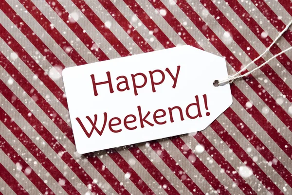 Label On Red Paper, Snowflakes, Text Happy Weekend — Stock Photo, Image